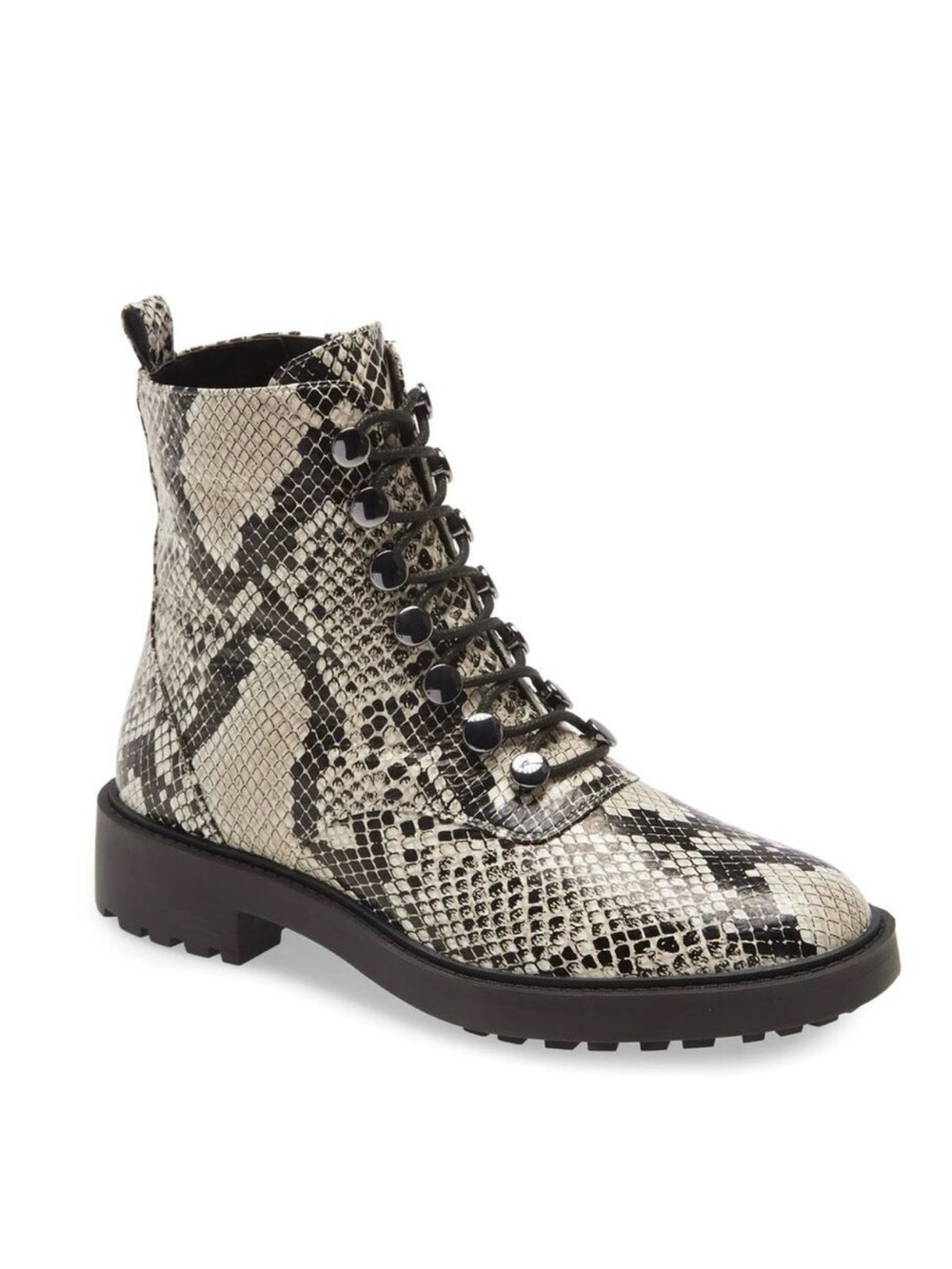 Womens Snake-Print Lace-Up Combat Boot - Black & Cream